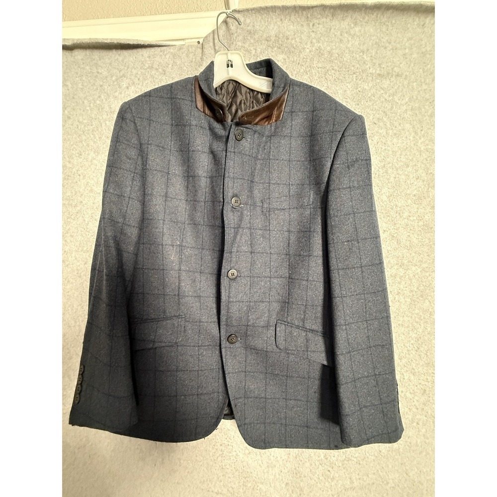 Enzo Tovare Blazer Sport Coat Mens 40 Blue Wool Check Tweed Stand Collar‎ Jacket